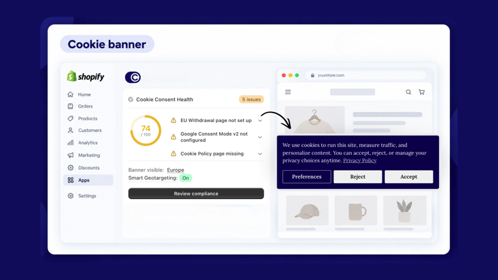 Consentmo cookie consent settings and storefront cookie banner for a Shopify store.