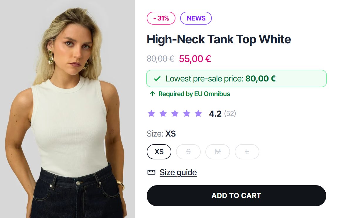 Complimus's demo product page: a tank top at 55,00 € with 80,00 € struck through, and the line "Lowest pre-sale price: 80,00 €" underneath.