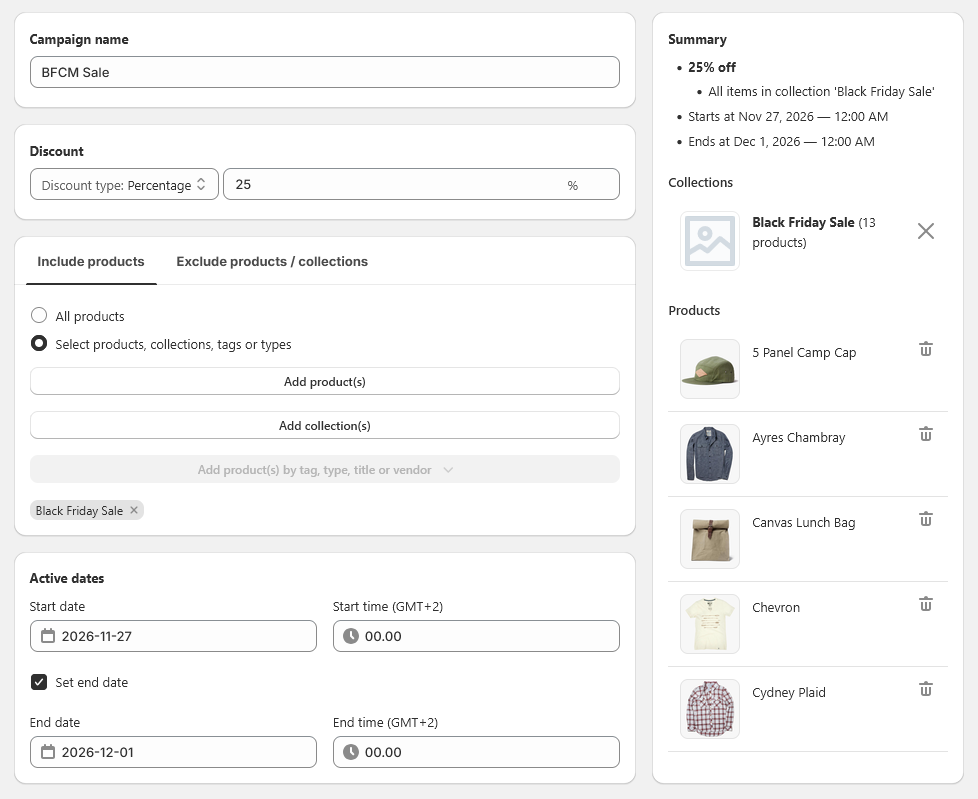 A Disco campaign named "BFCM Sale": 25% off the products in the "Black Friday Sale" collection, chosen under Include products, with active dates from November 27 to December 1, 2026. The summary on the right lists the collection's products.