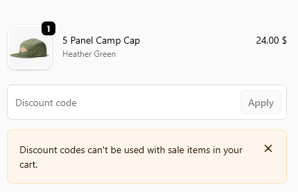 Shopify checkout with a sale product in the cart and the discount code field. Below it, the message: Discount codes can't be used with sale items in your cart.