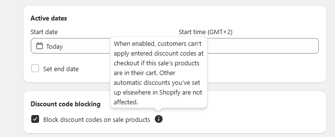 The Discount code blocking section of a Disco campaign, with "Block discount codes on sale products" ticked. The tooltip reads: when enabled, customers can't apply entered discount codes at checkout if this sale's products are in their cart; other automatic discounts set up elsewhere in Shopify are not affected.