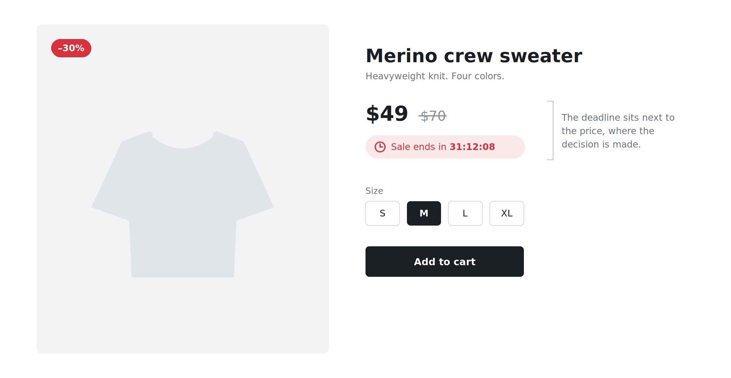 Product page with a sale badge, the sale price next to the struck-through original price, and the countdown directly under the price