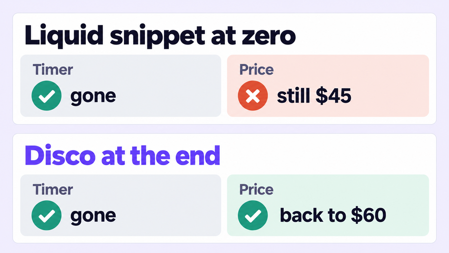What happens at the end time: when a Liquid snippet reaches zero, the timer is gone but the price is still the $45 sale price; when a Disco sale ends, the timer is gone and the price is back to $60.
