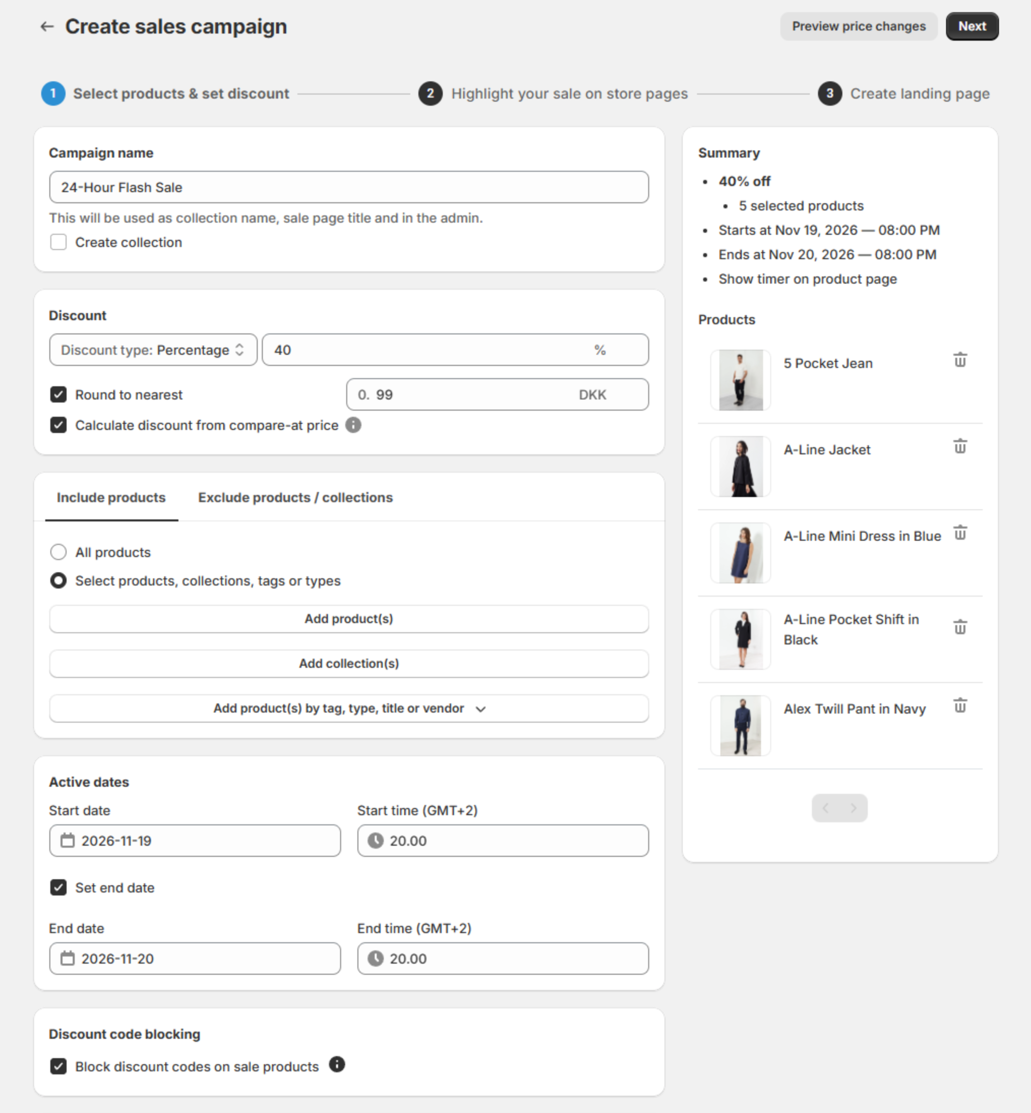 Setting up a 24-hour flash sale in Disco: the Create sales campaign screen for a "24-Hour Flash Sale" at 40% off five selected products, with Round to nearest ticked, Active dates from Thursday 2026-11-19, 20.00 to Friday 2026-11-20, 20.00, and Block discount codes on sale products ticked. The Summary on the right reads Nov 19, 2026, 08:00 PM to Nov 20, 2026, 08:00 PM, and Show timer on product page.