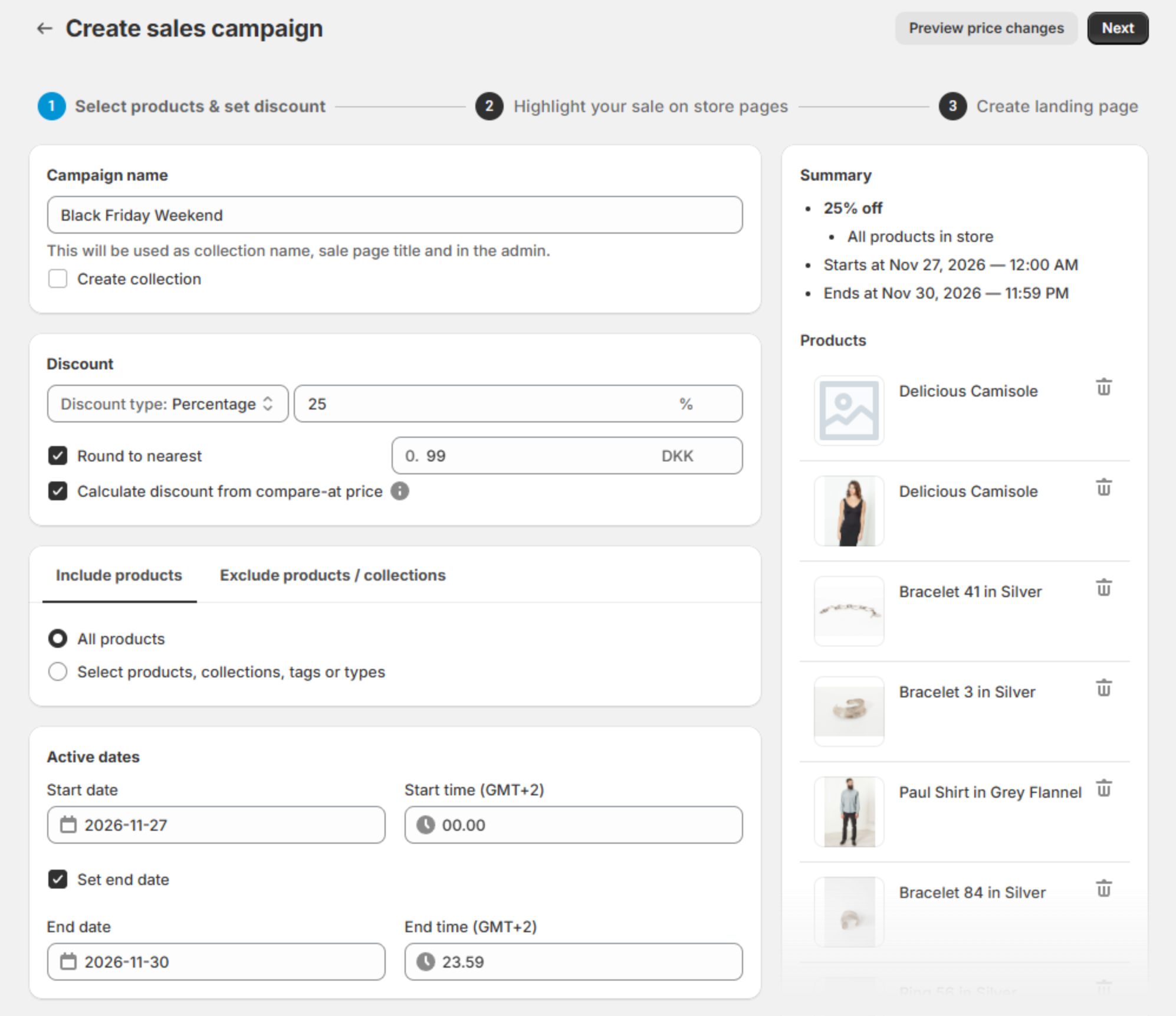 Scheduling a sale in Disco: the Create sales campaign screen for a "Black Friday Weekend" sale at 25% off all products, with Active dates from 2026-11-27, 00.00 to 2026-11-30, 23.59. The Summary on the right reads Nov 27, 2026, 12:00 AM to Nov 30, 2026, 11:59 PM.