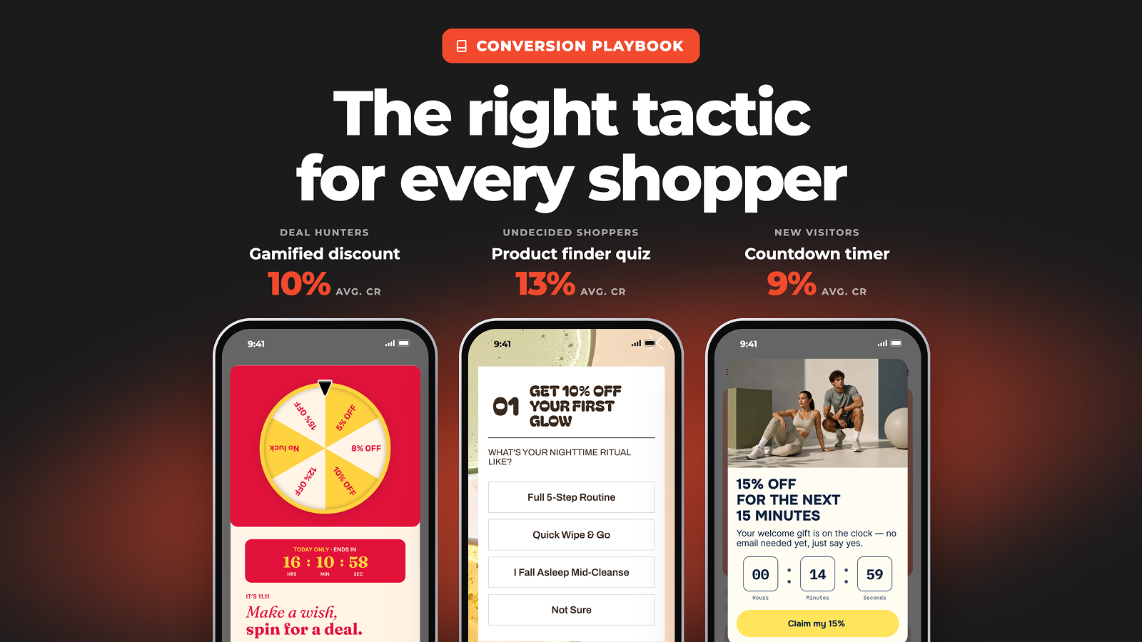 Claspo banner: The right tactic for every shopper, above three phone pop-ups: a spin-the-wheel discount, a product finder quiz and a countdown timer offer
