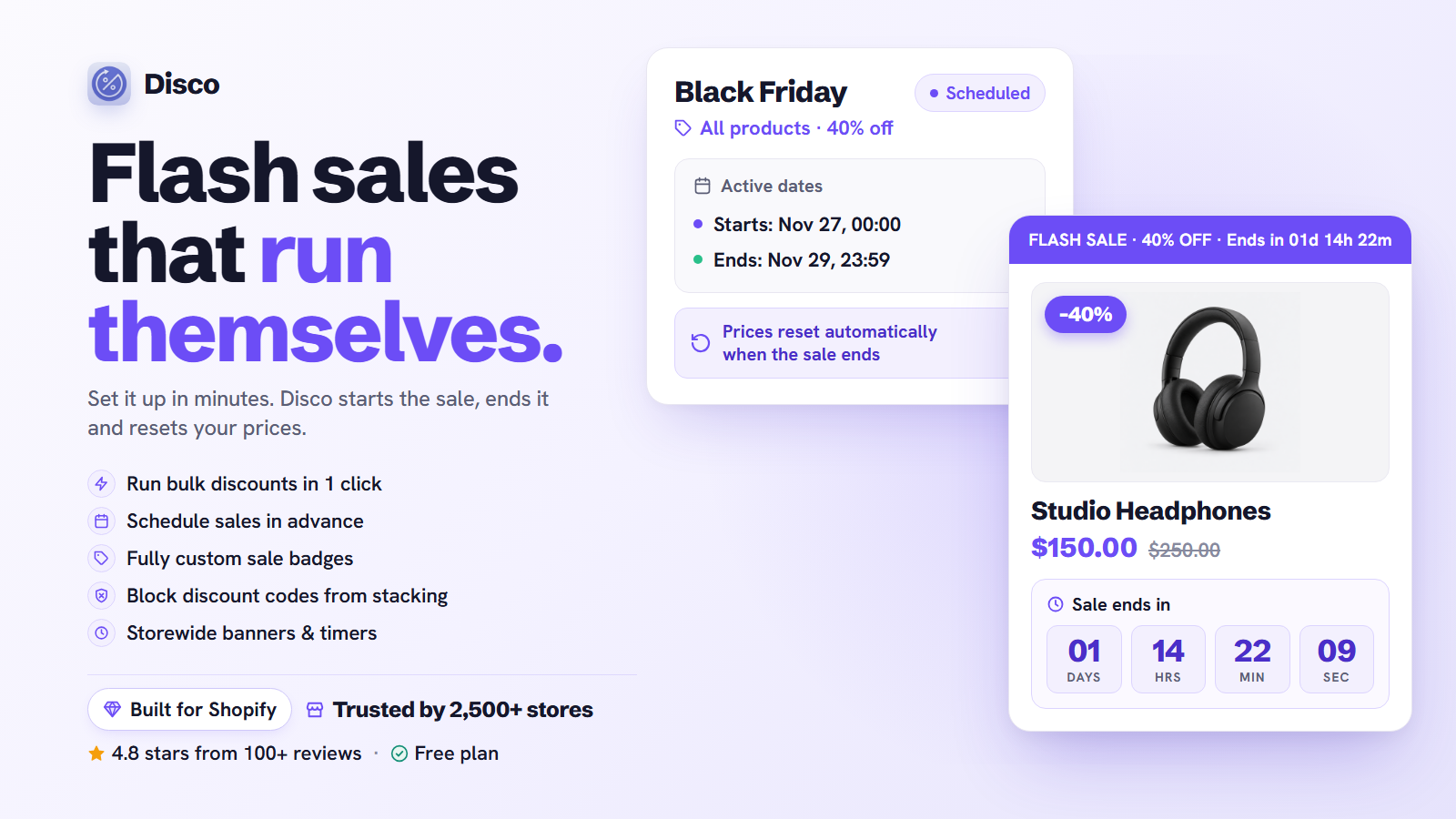 Disco banner: Flash sales that run themselves, beside a scheduled Black Friday sale and a product card with a sale badge, a struck-through price and a countdown timer