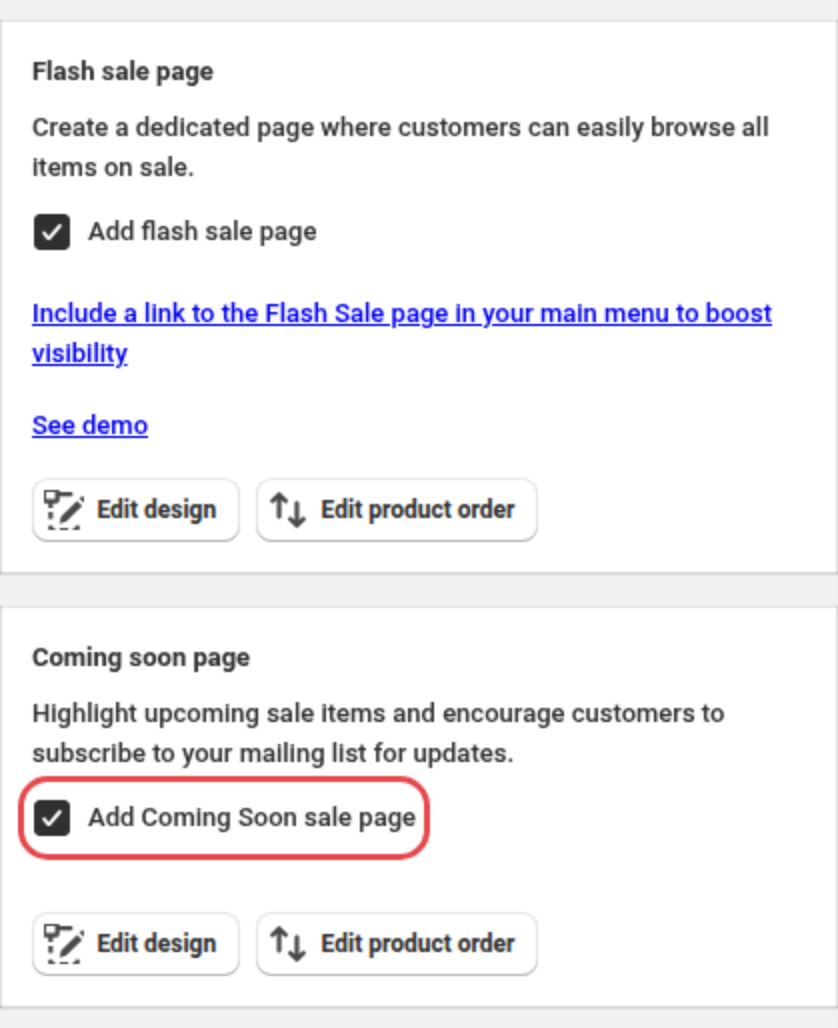 Disco's Flash sale page and Coming soon page cards for a Black Friday sale, with Add Coming Soon sale page switched on