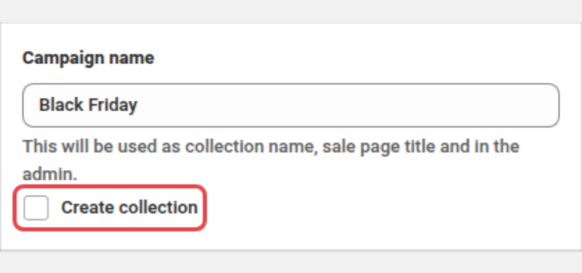 Disco's sale editor for a Black Friday sale, with the Create collection checkbox under the sale's name outlined