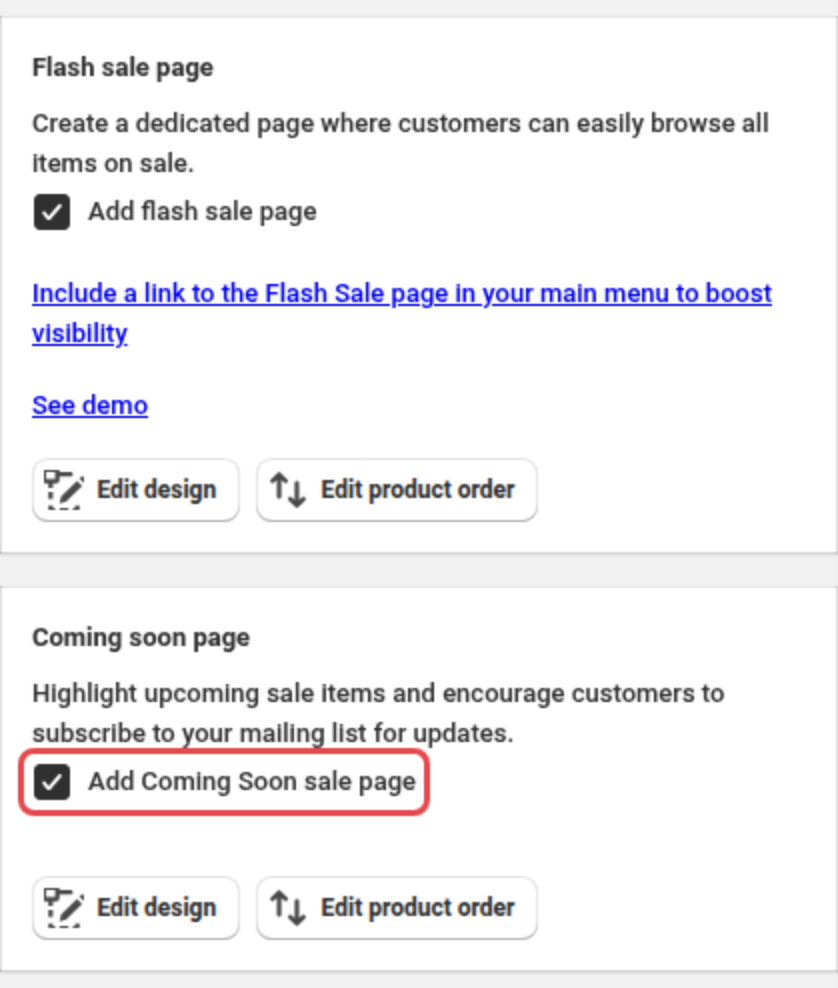 Disco's Flash sale page and Coming soon page cards for a Black Friday sale, with Add flash sale page and Add Coming Soon sale page switched on