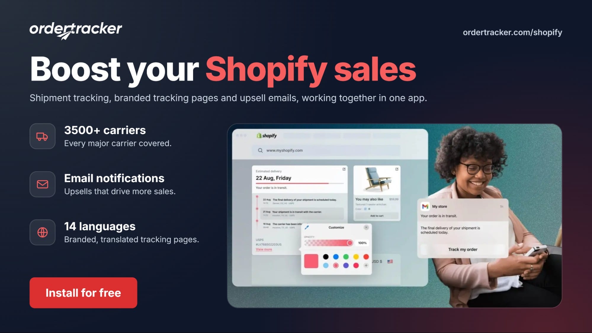 Ordertracker banner: Boost your Shopify sales, with a branded tracking page, email notifications and translated tracking pages