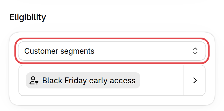 Shopify admin discount code editor with Eligibility set to Customer segments and the Black Friday early access segment added