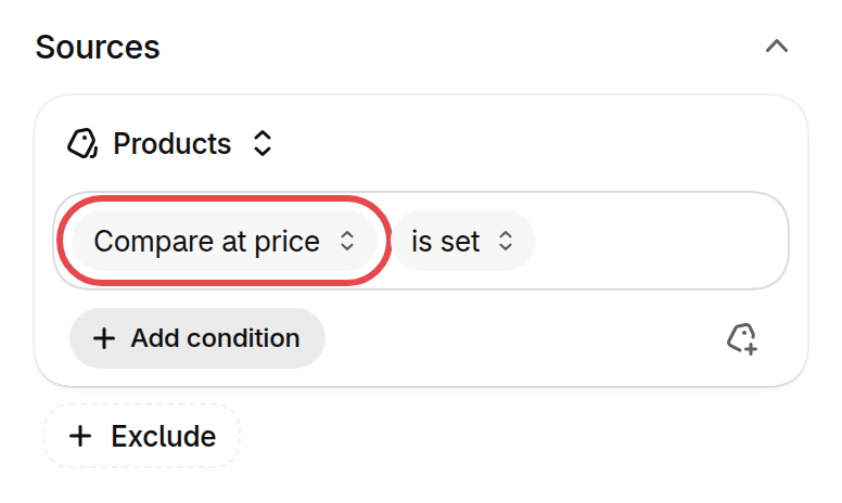 Shopify admin collection editor for a Sale collection, with the condition Compare at price is set
