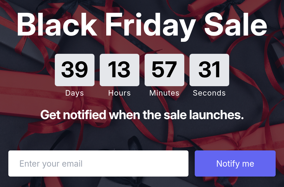 Disco's coming soon page for a Black Friday sale on a Shopify storefront, with an email field to sign up before the sale starts