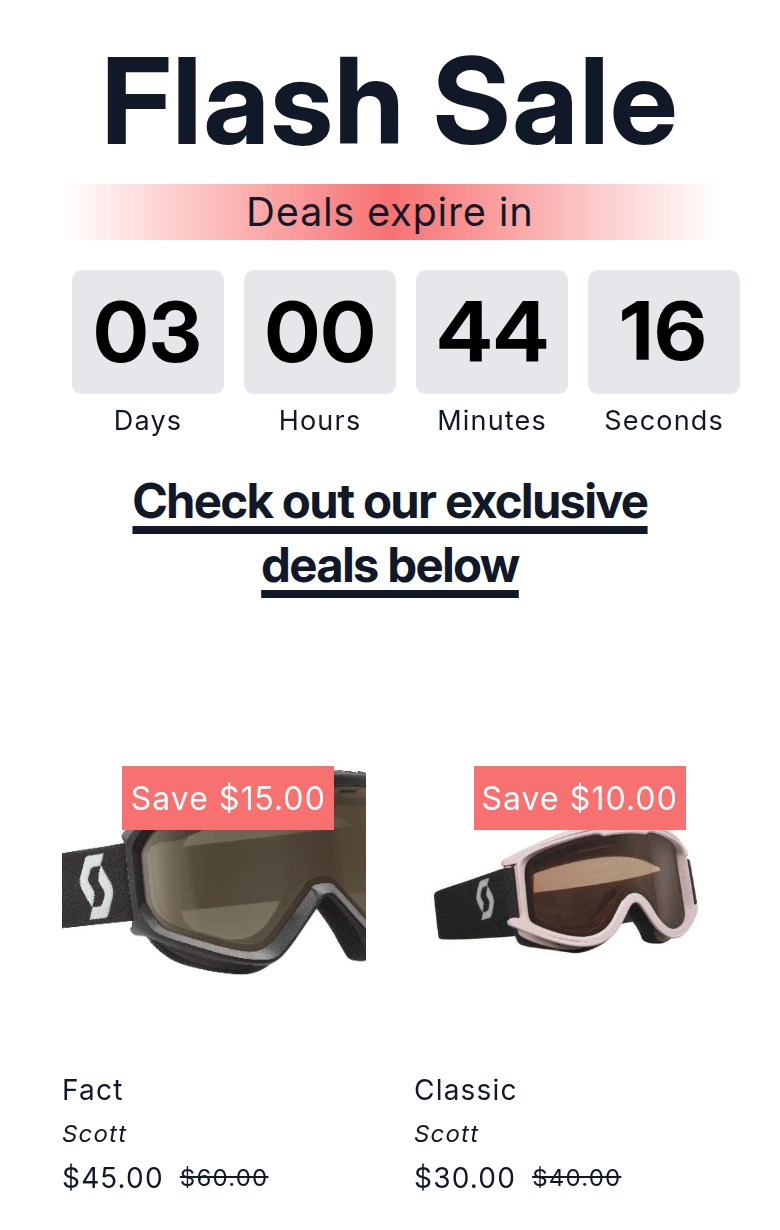 Disco's live flash sale page on a phone: the Flash Sale banner and countdown, then the first products with Save badges, sale prices in dollars and the original prices struck through