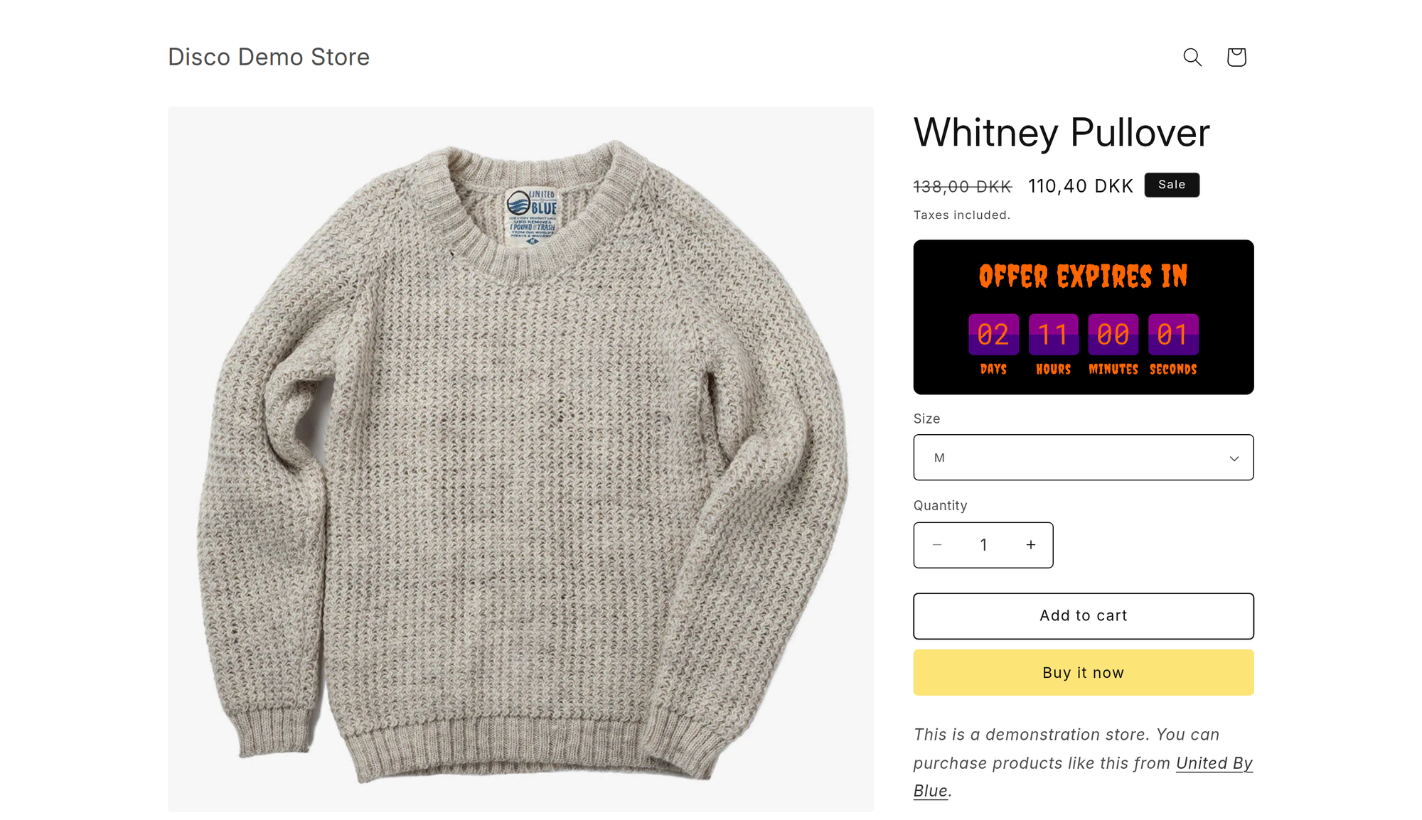 A Shopify product page during a Disco sale: the Whitney Pullover at 110,40 DKK with 138,00 DKK struck through and a Sale badge, and Disco's "Offer expires in" countdown timer showing 02 days, 11 hours, 00 minutes and 01 second above the size and quantity pickers and the Add to cart button.