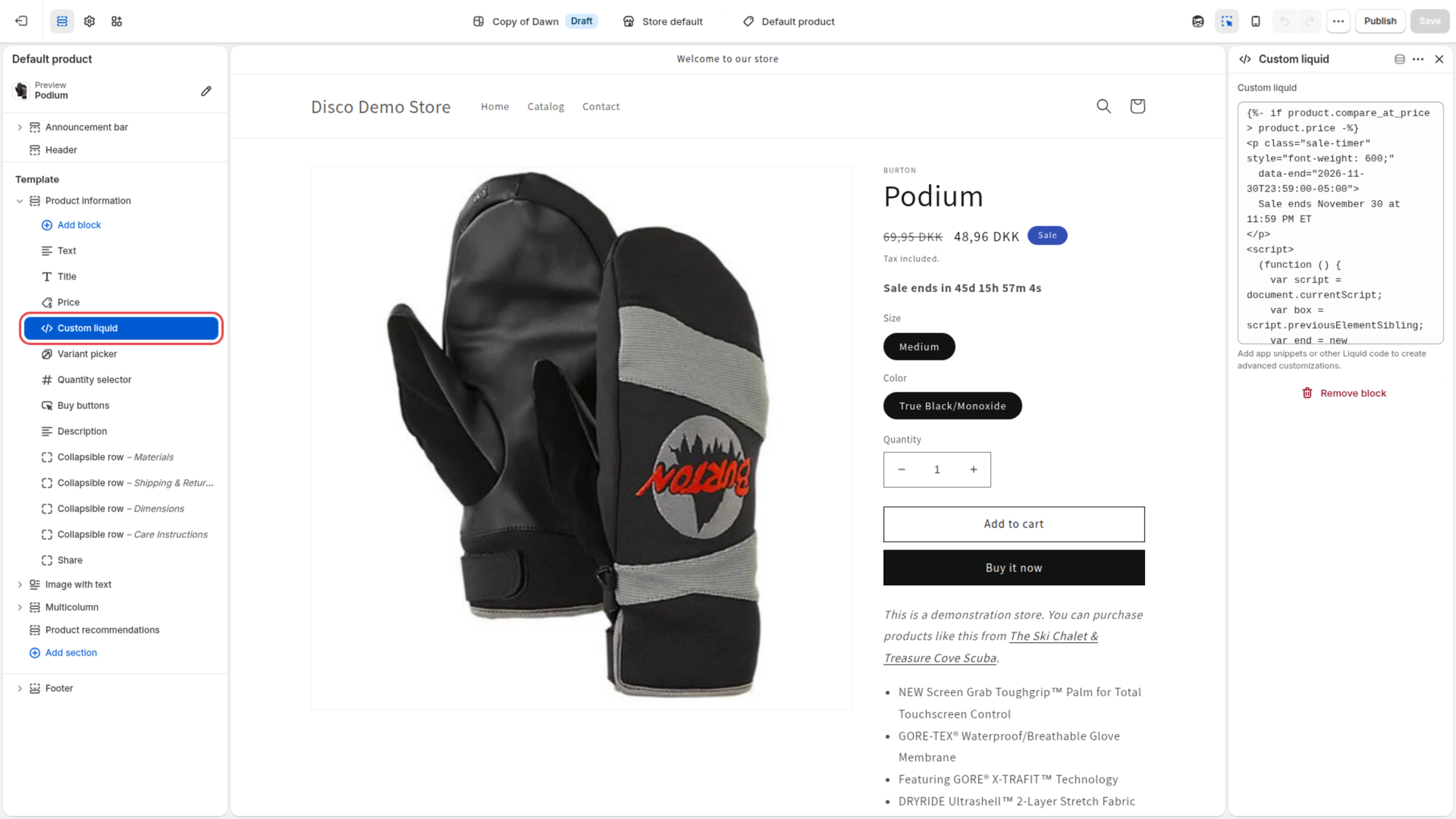 Shopify theme editor on a copy of Dawn, Default product template: the Custom liquid block, outlined, sits under Price in Product information and holds the countdown snippet, and the preview shows "Sale ends in 45d 15h 57m 4s" under the sale price.