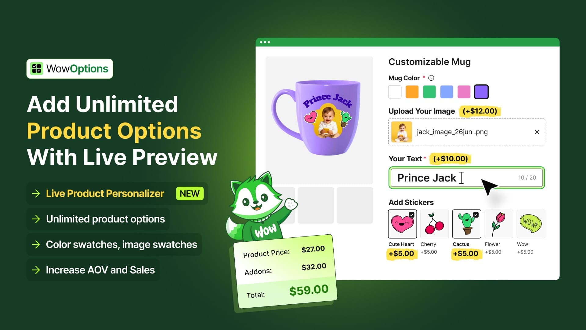 WowOptions banner: Add Unlimited Product Options With Live Preview, beside a purple mug personalized with a photo and the name Prince Jack